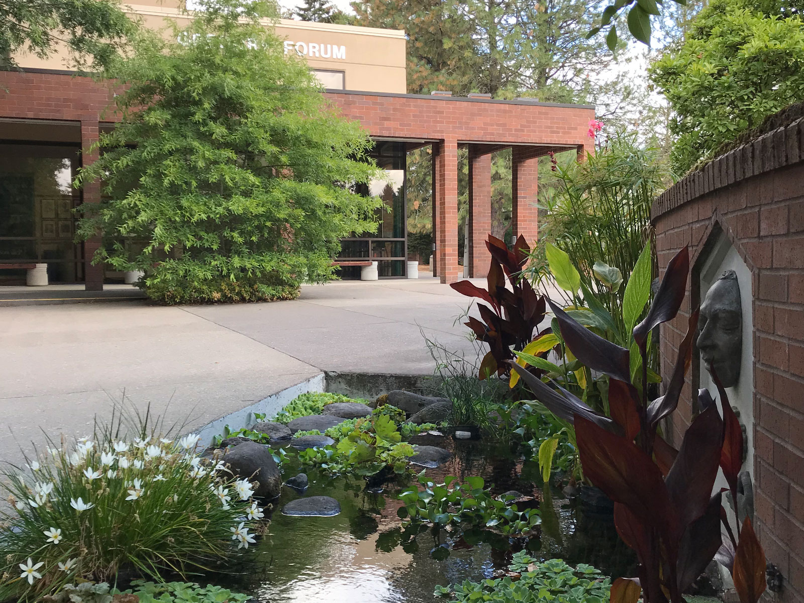 The leafy, relaxing fountain outside the Gregory Forum building at the Oregon City campus