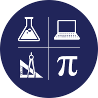 Science, Technology, Engineering + Math (STEM) EFA icon logos, a beaker, laptop, Pi symbol and triangle ruler